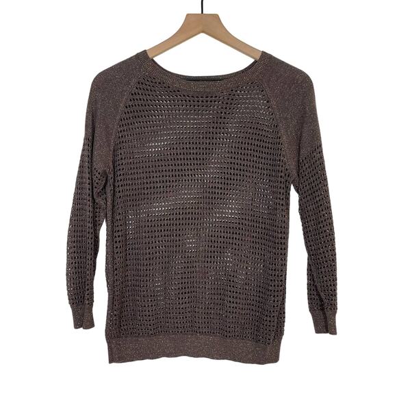 Express Sweater Women's Size Small Brown Metallic Open Knit Crochet Pullover Y2K - Picture 1 of 7